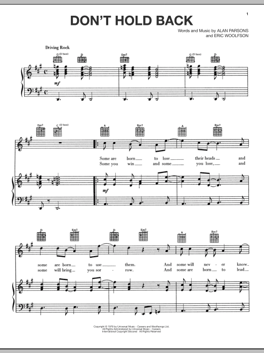 Download The Alan Parsons Project Don't Hold Back Sheet Music and learn how to play Piano, Vocal & Guitar (Right-Hand Melody) PDF digital score in minutes