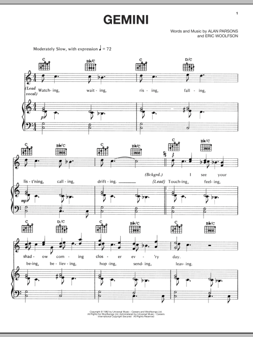 Download The Alan Parsons Project Gemini Sheet Music and learn how to play Piano, Vocal & Guitar (Right-Hand Melody) PDF digital score in minutes