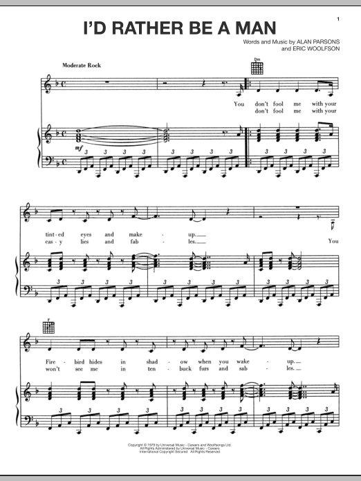 Download The Alan Parsons Project I'd Rather Be A Man Sheet Music and learn how to play Piano, Vocal & Guitar (Right-Hand Melody) PDF digital score in minutes