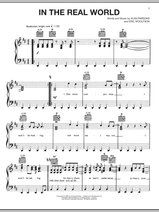 Download The Alan Parsons Project In The Real World Sheet Music and learn how to play Piano, Vocal & Guitar (Right-Hand Melody) PDF digital score in minutes