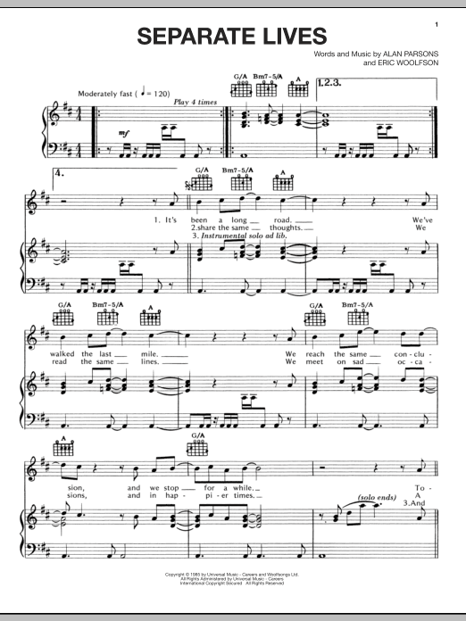 Download The Alan Parsons Project Separate Lives Sheet Music and learn how to play Piano, Vocal & Guitar (Right-Hand Melody) PDF digital score in minutes