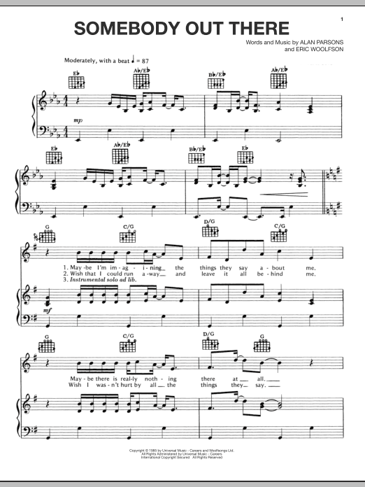 Download The Alan Parsons Project Somebody Out There Sheet Music and learn how to play Piano, Vocal & Guitar (Right-Hand Melody) PDF digital score in minutes