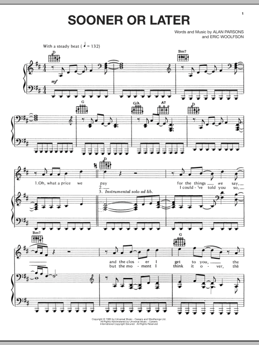 Download The Alan Parsons Project Sooner Or Later Sheet Music and learn how to play Piano, Vocal & Guitar (Right-Hand Melody) PDF digital score in minutes