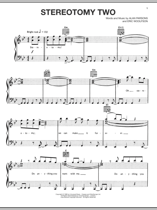 Download The Alan Parsons Project Stereotomy Two Sheet Music and learn how to play Piano, Vocal & Guitar (Right-Hand Melody) PDF digital score in minutes