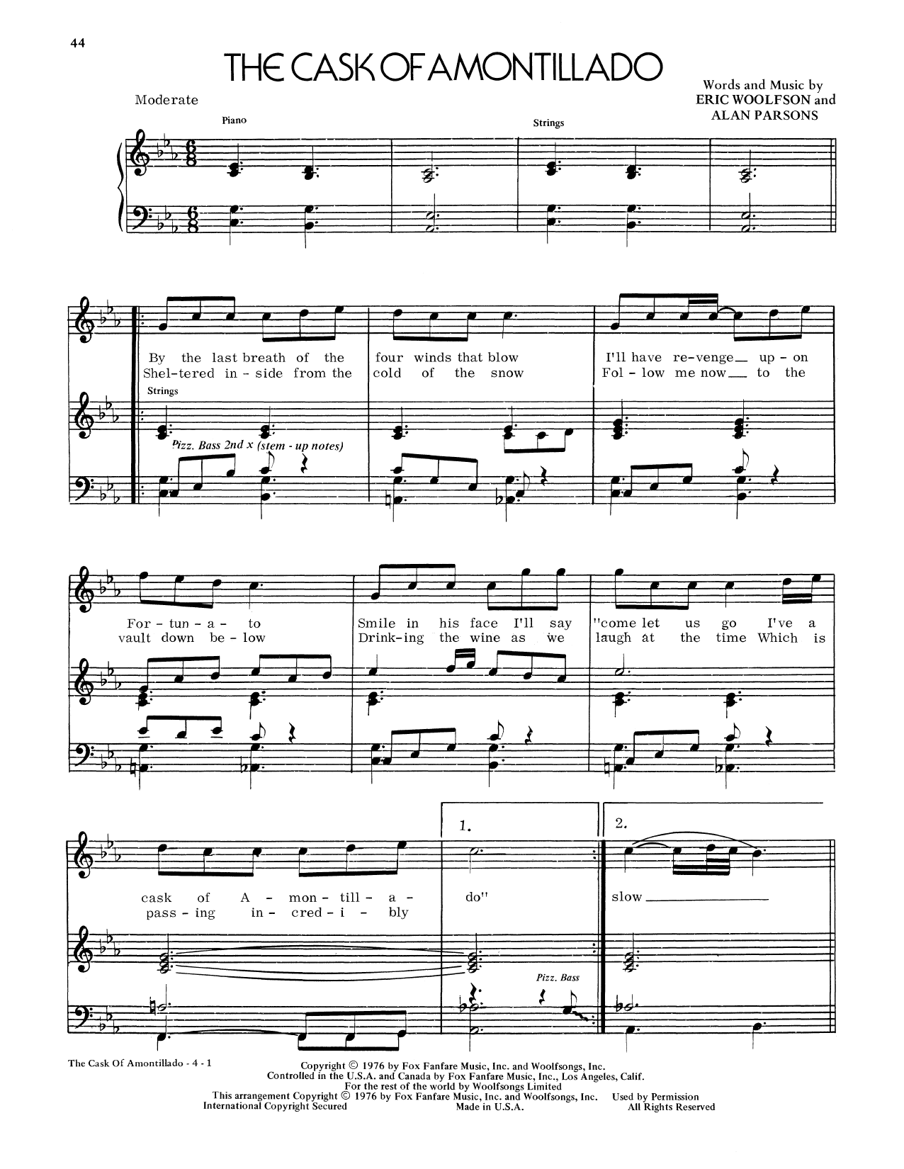 Download Alan Parsons Project The Cask Of Amontillado Sheet Music and learn how to play Piano, Vocal & Guitar (Right-Hand Melody) PDF digital score in minutes