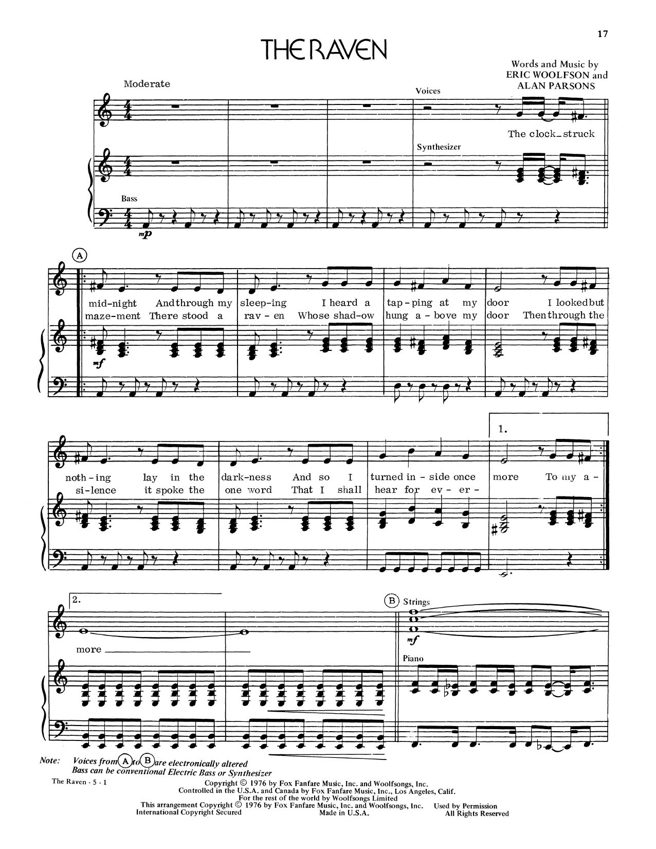 Download Alan Parsons Project The Raven Sheet Music and learn how to play Piano, Vocal & Guitar (Right-Hand Melody) PDF digital score in minutes