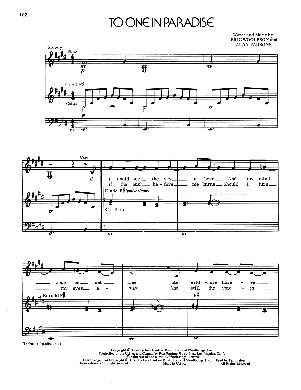 Download Alan Parsons Project To One In Paradise Sheet Music and learn how to play Piano, Vocal & Guitar (Right-Hand Melody) PDF digital score in minutes