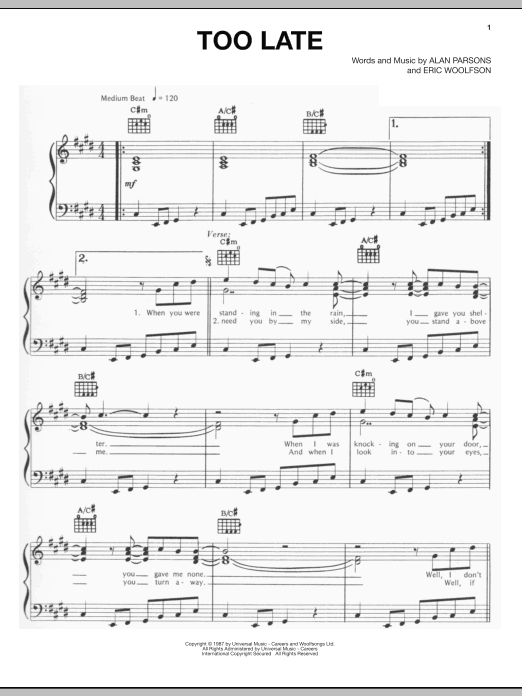 Download The Alan Parsons Project Too Late Sheet Music and learn how to play Piano, Vocal & Guitar (Right-Hand Melody) PDF digital score in minutes