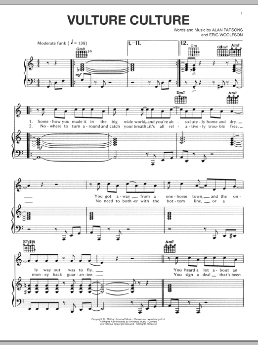 Download The Alan Parsons Project Vulture Culture Sheet Music and learn how to play Piano, Vocal & Guitar (Right-Hand Melody) PDF digital score in minutes