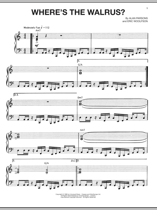 Download The Alan Parsons Project Where's The Walrus? Sheet Music and learn how to play Piano, Vocal & Guitar (Right-Hand Melody) PDF digital score in minutes