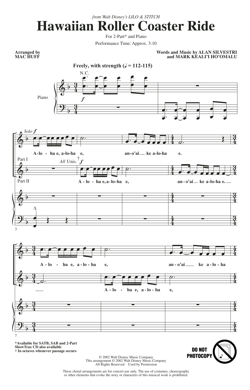 Download Alan Silvestri and Mark Keali'i Ho'omalu Hawaiian Roller Coaster Ride (from Lily & Stitch) (arr. Mac Huff) Sheet Music and learn how to play 2-Part Choir PDF digital score in minutes