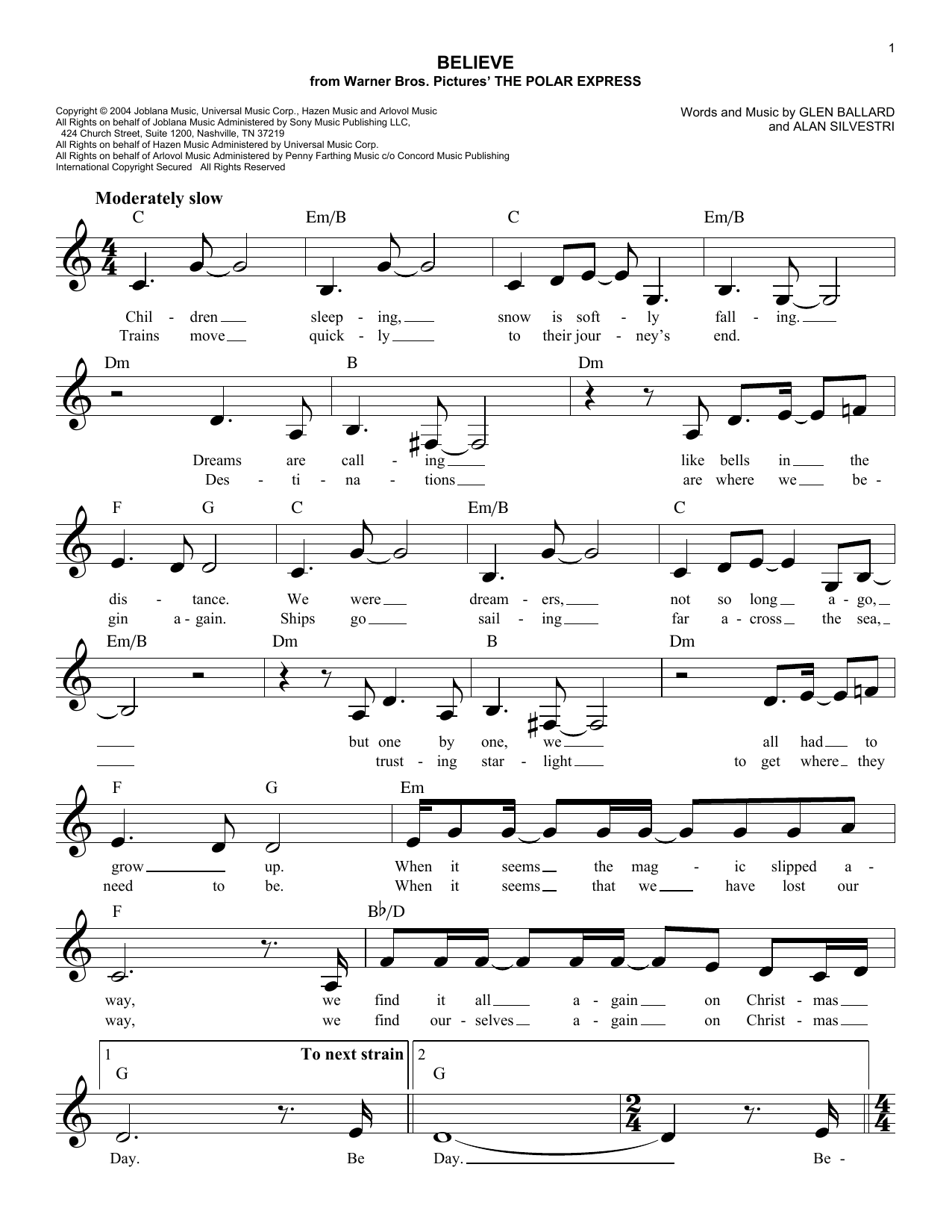 Download Alan Silvestri Believe Sheet Music and learn how to play Melody Line, Lyrics & Chords PDF digital score in minutes