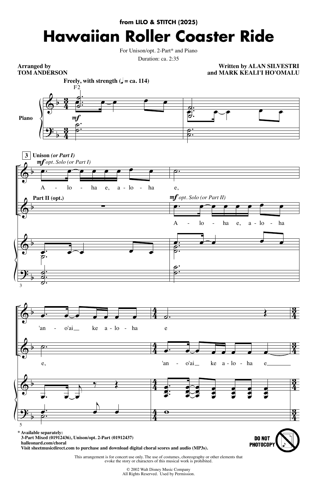 Download Alan Silvestri Hawaiian Roller Coaster Ride (from Lily & Stitch) (2025) (arr. Tom Anderson) Sheet Music and learn how to play 2-Part Choir PDF digital score in minutes