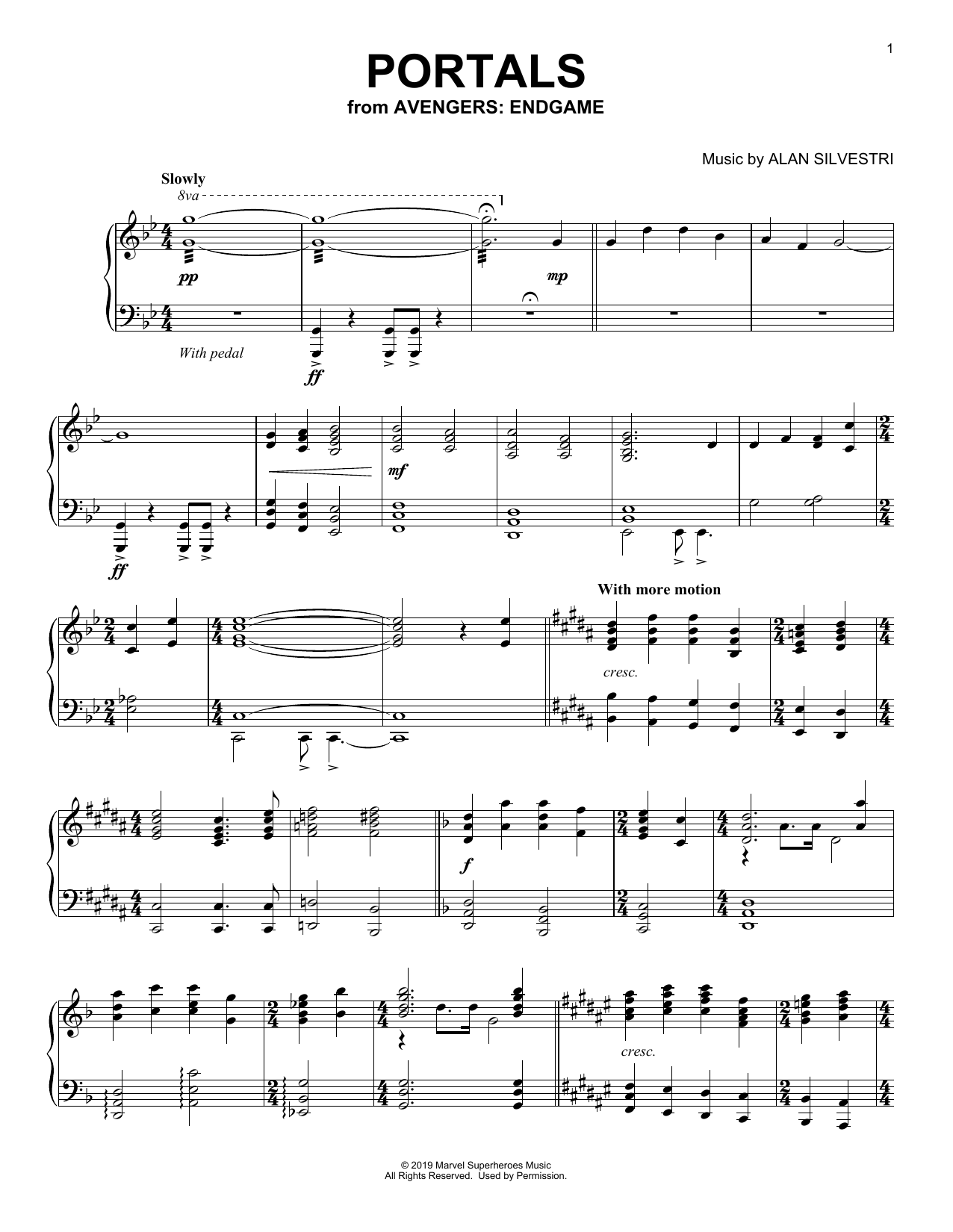 Download Alan Silvestri Portals (from Avengers: Endgame) Sheet Music and learn how to play Piano Solo PDF digital score in minutes