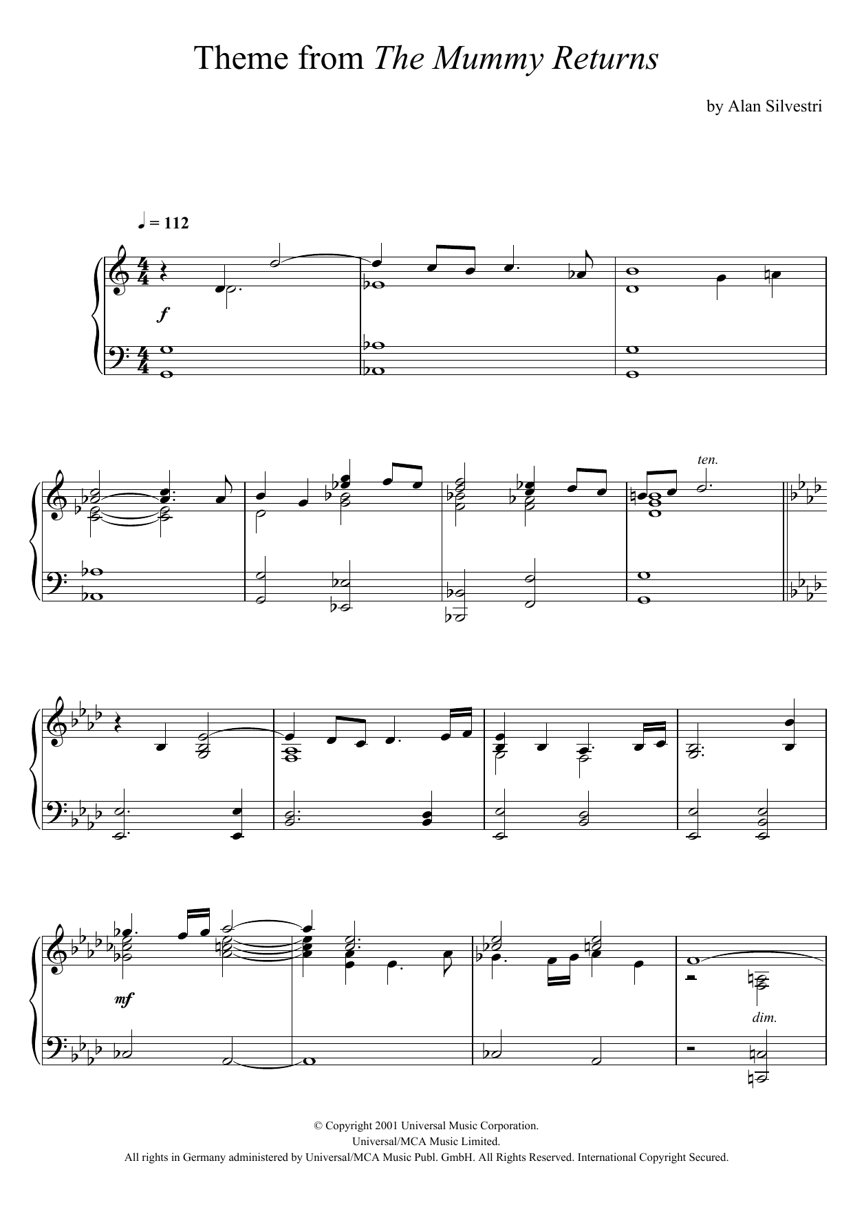 Download Alan Silvestri The Mummy Returns (The Mummy Returns) Sheet Music and learn how to play Piano PDF digital score in minutes