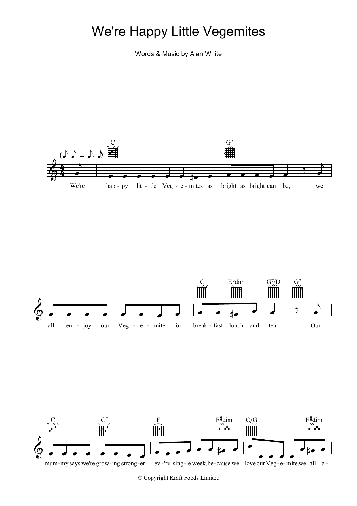 Download Alan White We're Happy Little Vegemites Sheet Music and learn how to play Melody Line, Lyrics & Chords PDF digital score in minutes