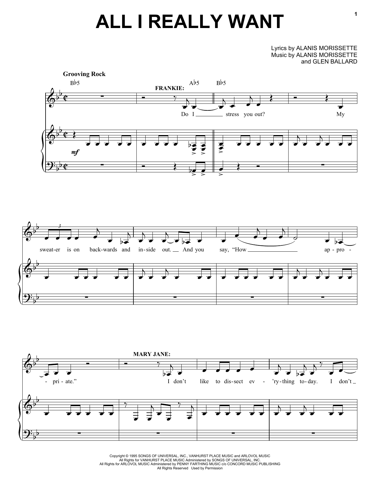 Download Alanis Morissette All I Really Want (from Jagged Little Pill The Musical) Sheet Music and learn how to play Piano & Vocal PDF digital score in minutes