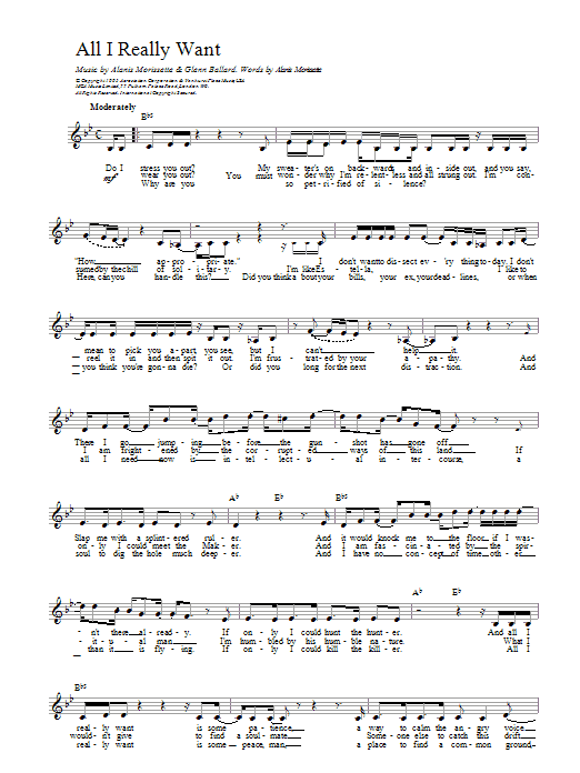 Download Alanis Morissette All I Really Want Sheet Music and learn how to play Lyrics & Chords PDF digital score in minutes