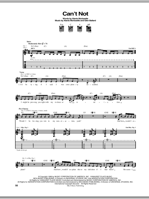 Download Alanis Morissette Can't Not Sheet Music and learn how to play Guitar Tab PDF digital score in minutes