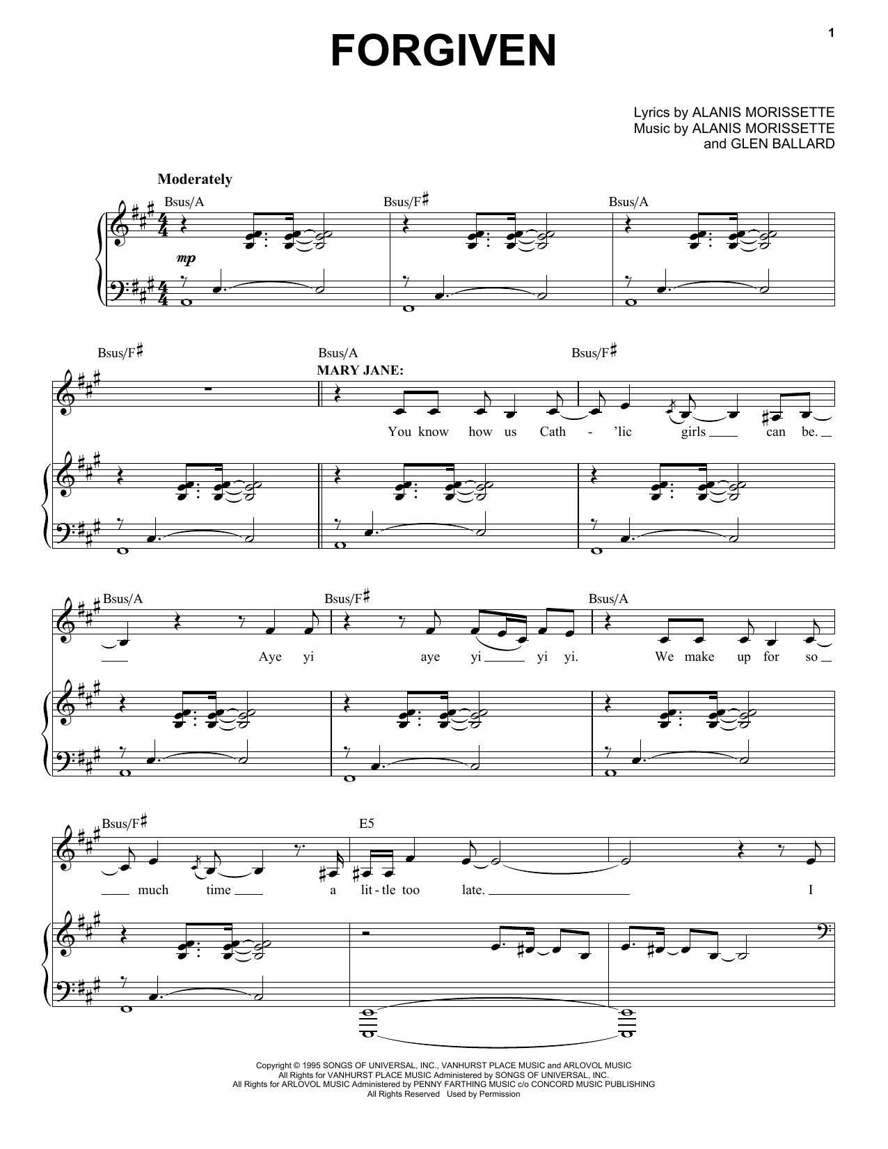 Download Alanis Morissette Forgiven (from Jagged Little Pill The Musical) Sheet Music and learn how to play Piano & Vocal PDF digital score in minutes