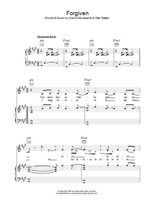 Download Alanis Morissette Forgiven Sheet Music and learn how to play Piano, Vocal & Guitar (Right-Hand Melody) PDF digital score in minutes
