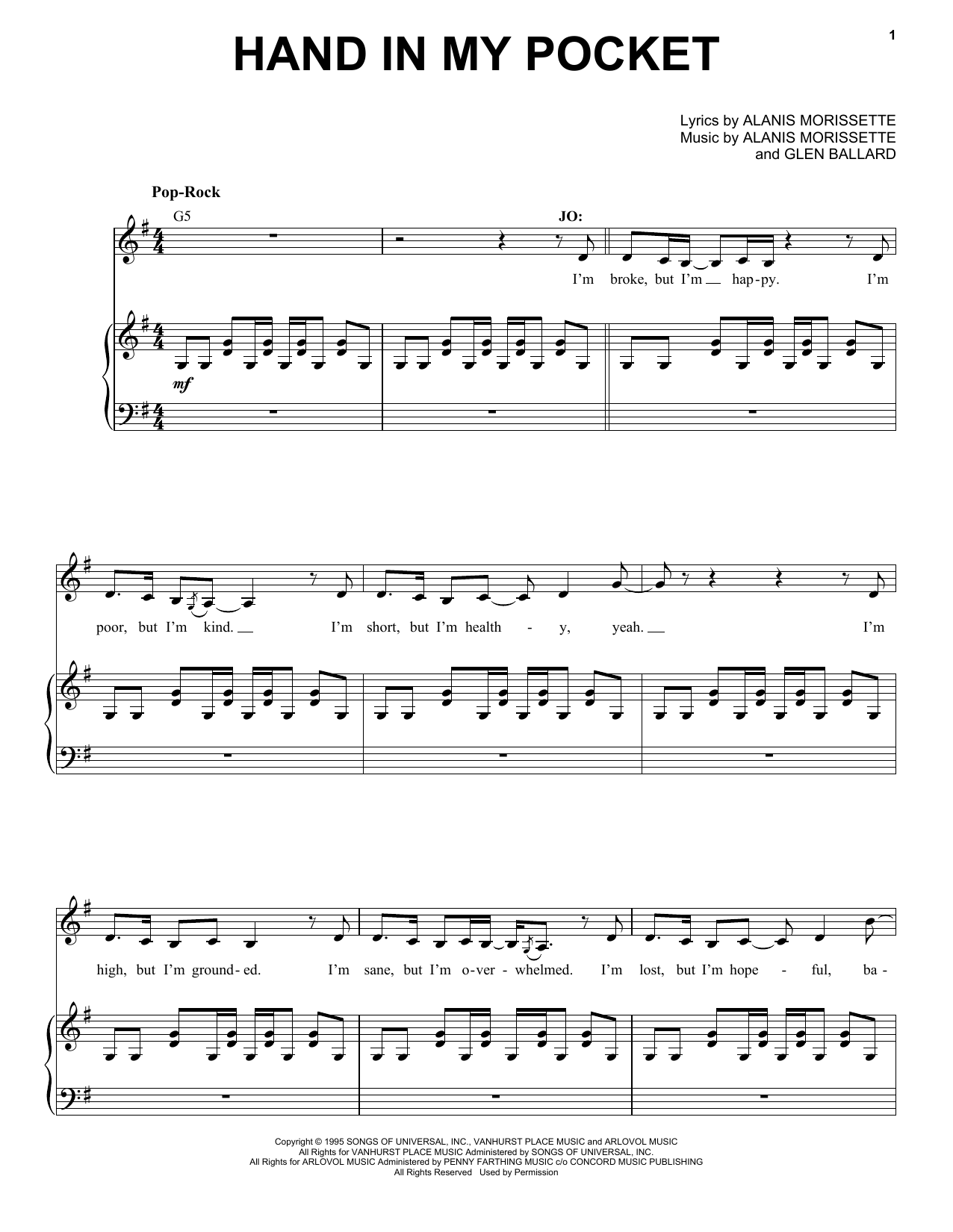 Download Alanis Morissette Hand In My Pocket (from Jagged Little Pill The Musical) Sheet Music and learn how to play Piano & Vocal PDF digital score in minutes