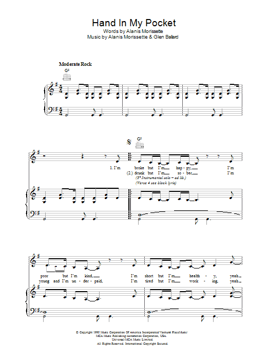 Download Alanis Morissette Hand In My Pocket Sheet Music and learn how to play Lyrics & Chords PDF digital score in minutes