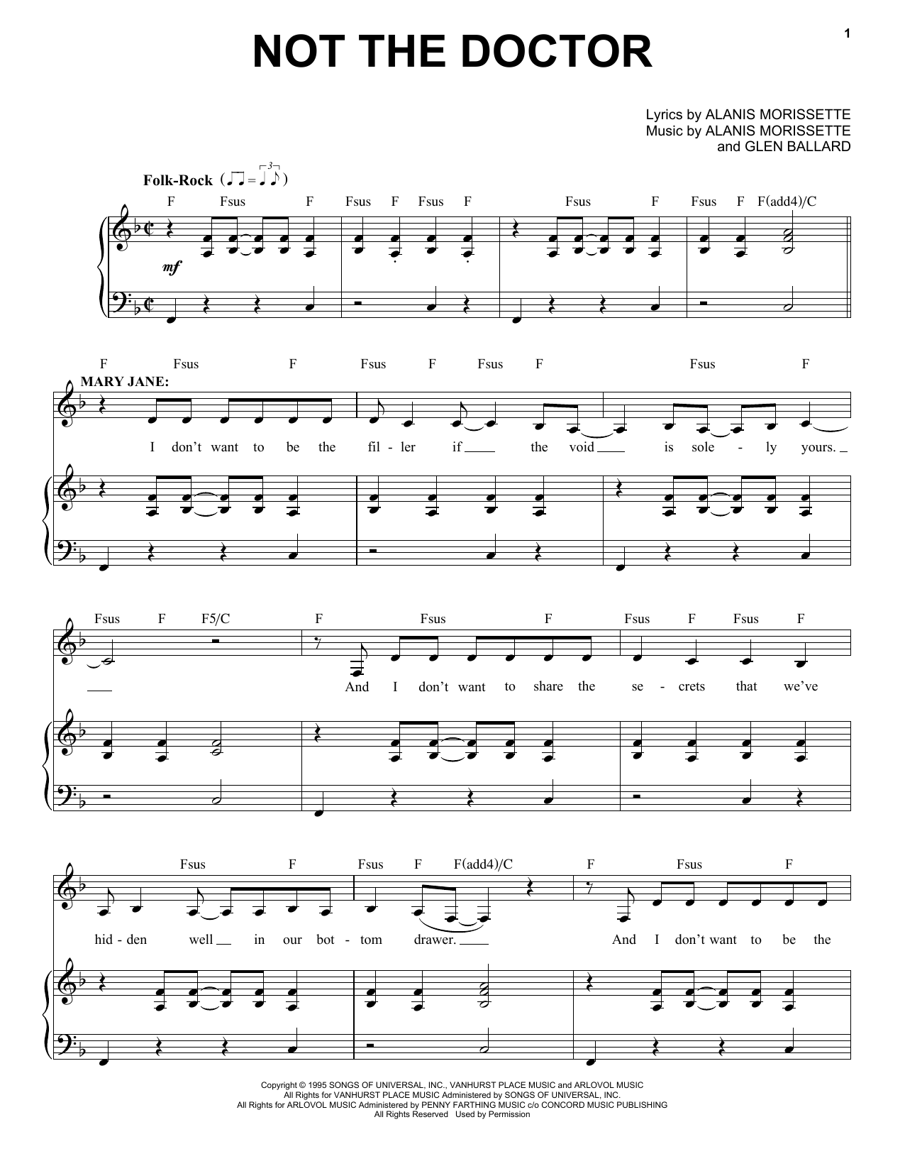 Download Alanis Morissette Not The Doctor (from Jagged Little Pill The Musical) Sheet Music and learn how to play Piano & Vocal PDF digital score in minutes