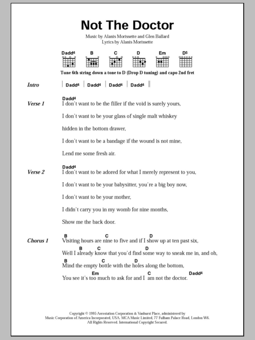 Download Alanis Morissette Not The Doctor Sheet Music and learn how to play Lyrics & Chords PDF digital score in minutes