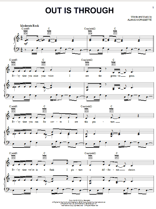 Download Alanis Morissette Out Is Through Sheet Music and learn how to play Piano, Vocal & Guitar (Right-Hand Melody) PDF digital score in minutes
