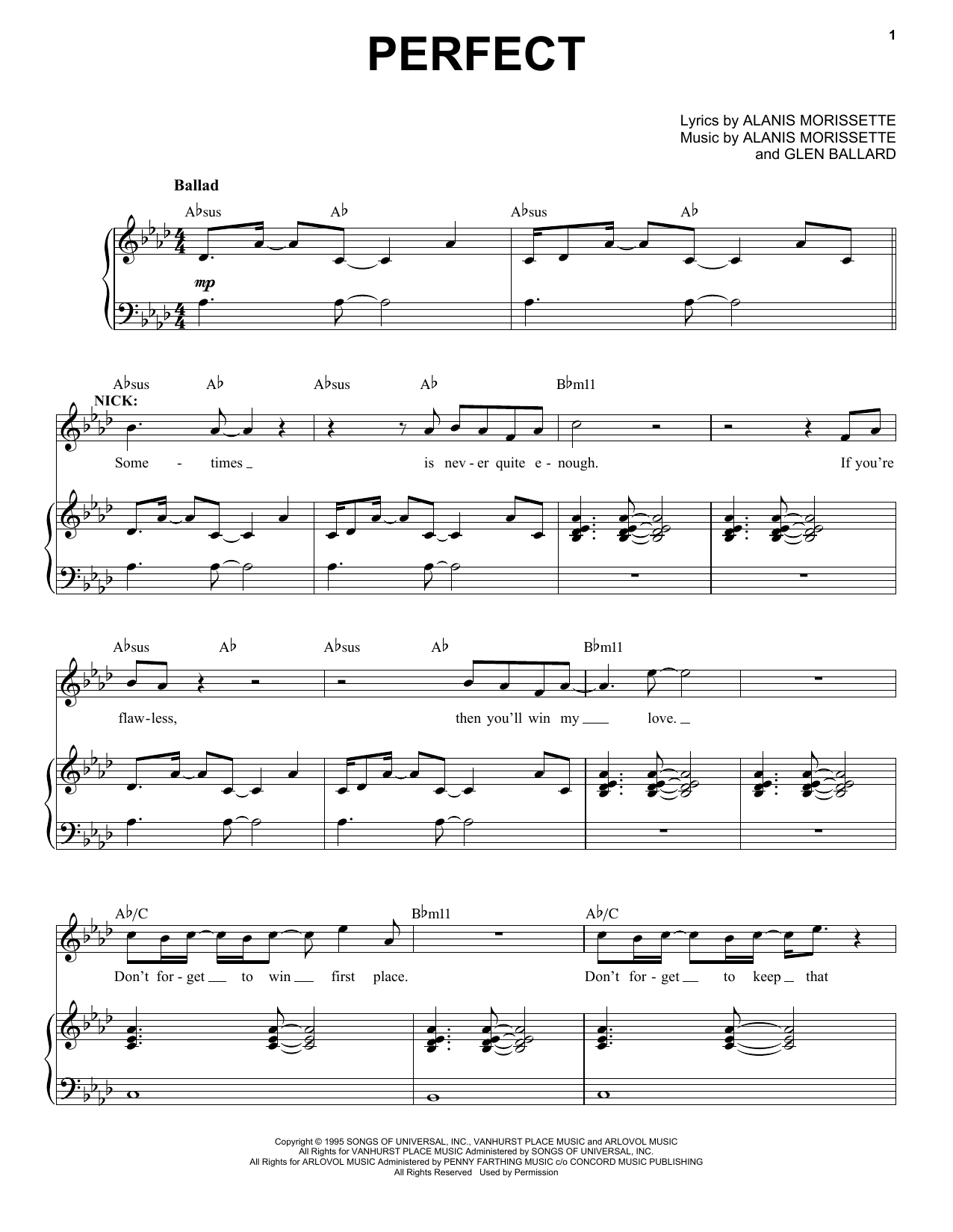 Download Alanis Morissette Perfect (from Jagged Little Pill The Musical) Sheet Music and learn how to play Piano & Vocal PDF digital score in minutes