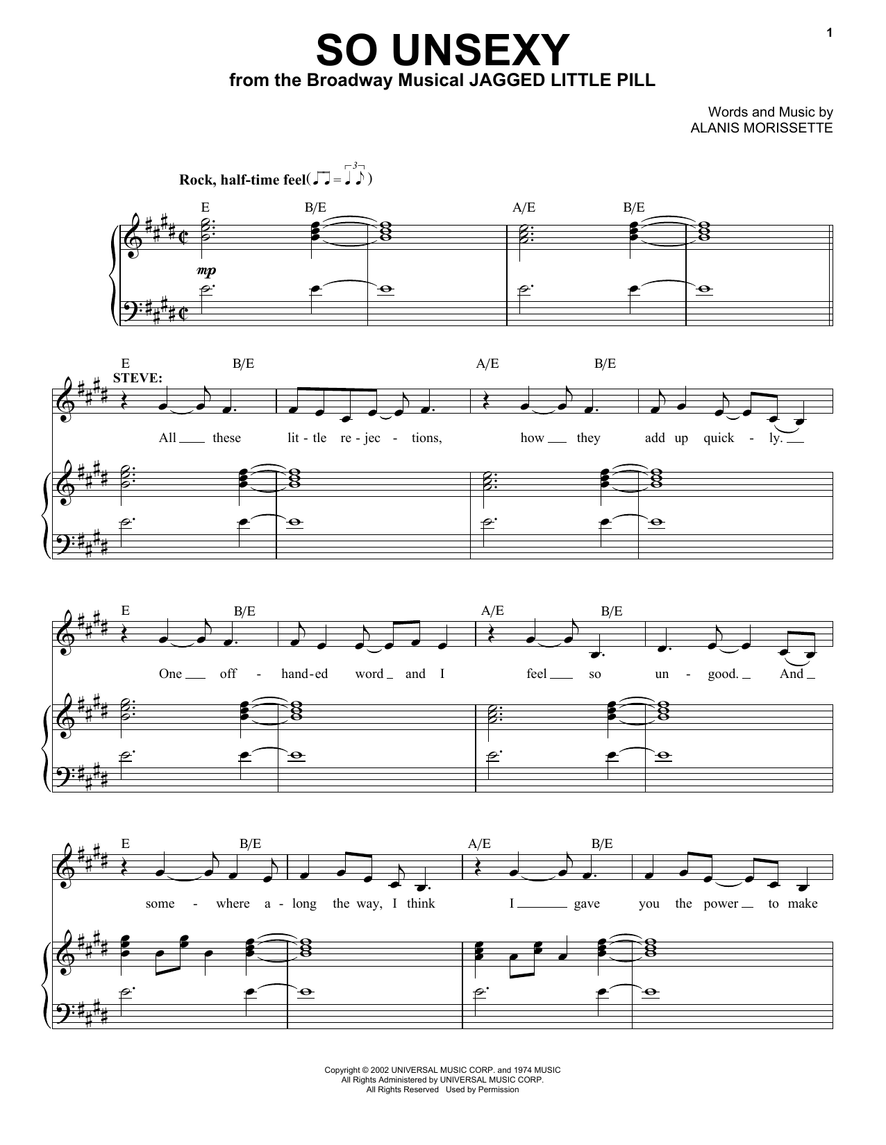 Download Alanis Morissette So Unsexy (from Jagged Little Pill The Musical) Sheet Music and learn how to play Piano & Vocal PDF digital score in minutes