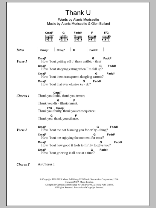 Download Alanis Morissette Thank U Sheet Music and learn how to play Lyrics & Chords PDF digital score in minutes