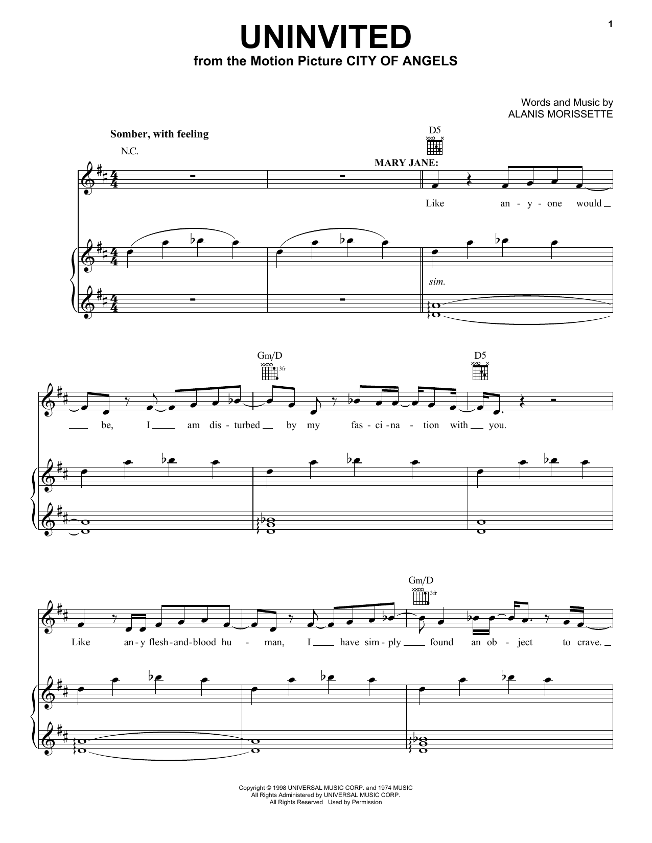 Download Alanis Morissette Uninvited (from City Of Angels) Sheet Music and learn how to play Easy Piano PDF digital score in minutes