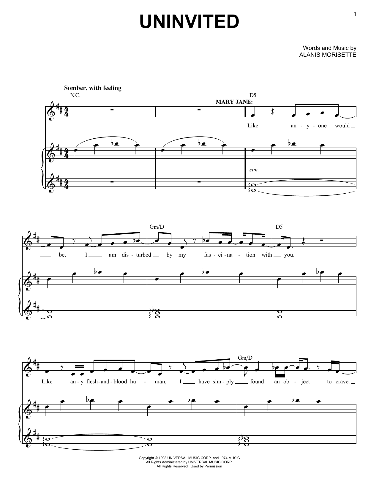 Download Alanis Morissette Uninvited (from Jagged Little Pill The Musical) Sheet Music and learn how to play Piano & Vocal PDF digital score in minutes