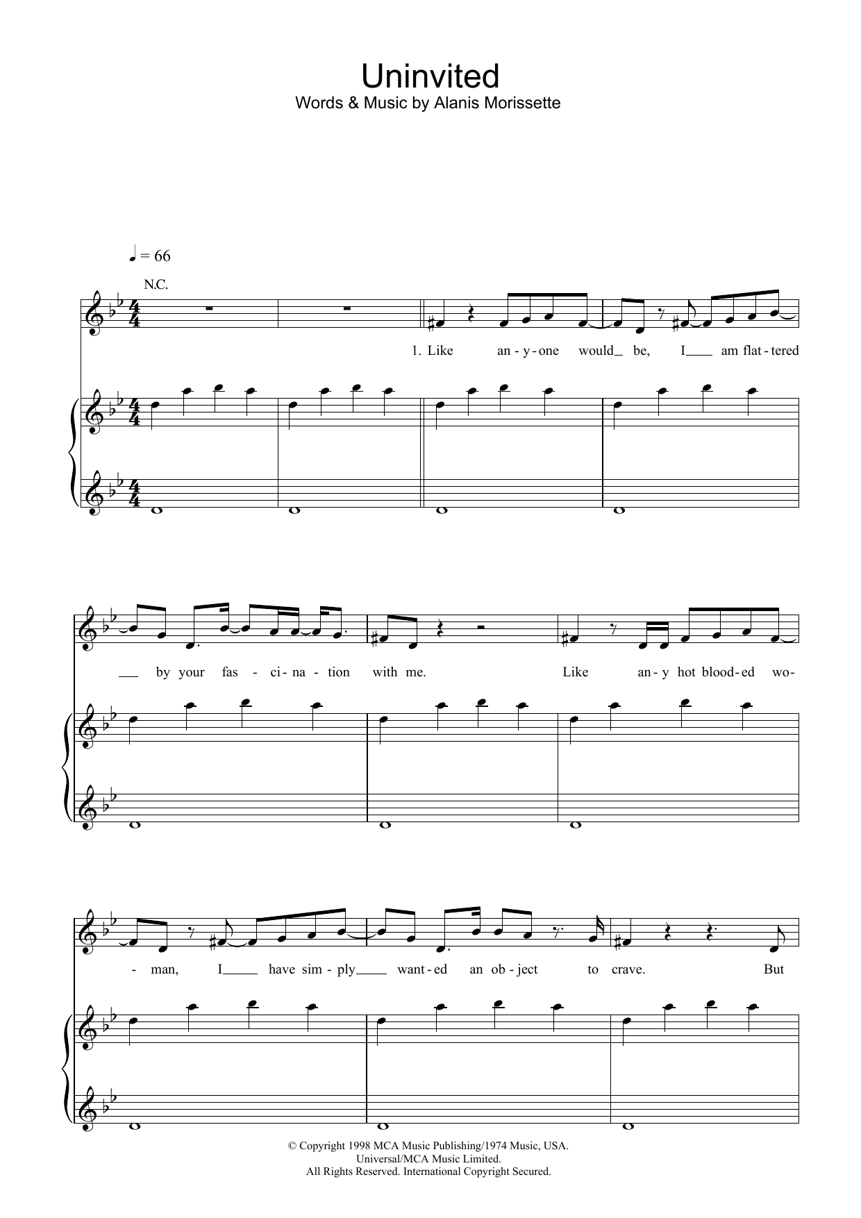 Download Alanis Morissette Uninvited Sheet Music and learn how to play Piano, Vocal & Guitar PDF digital score in minutes