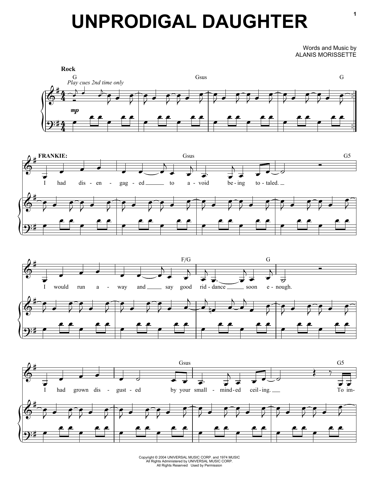 Download Alanis Morissette Unprodigal Daughter (from Jagged Little Pill The Musical) Sheet Music and learn how to play Piano & Vocal PDF digital score in minutes