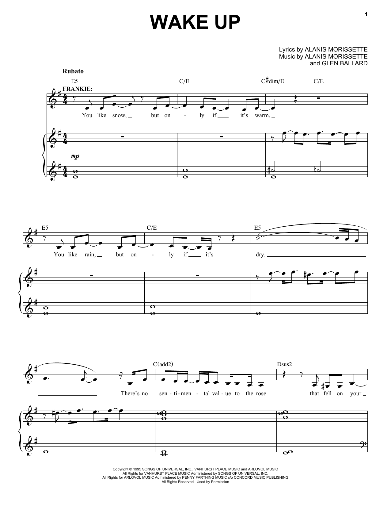 Download Alanis Morissette Wake Up (from Jagged Little Pill The Musical) Sheet Music and learn how to play Piano & Vocal PDF digital score in minutes