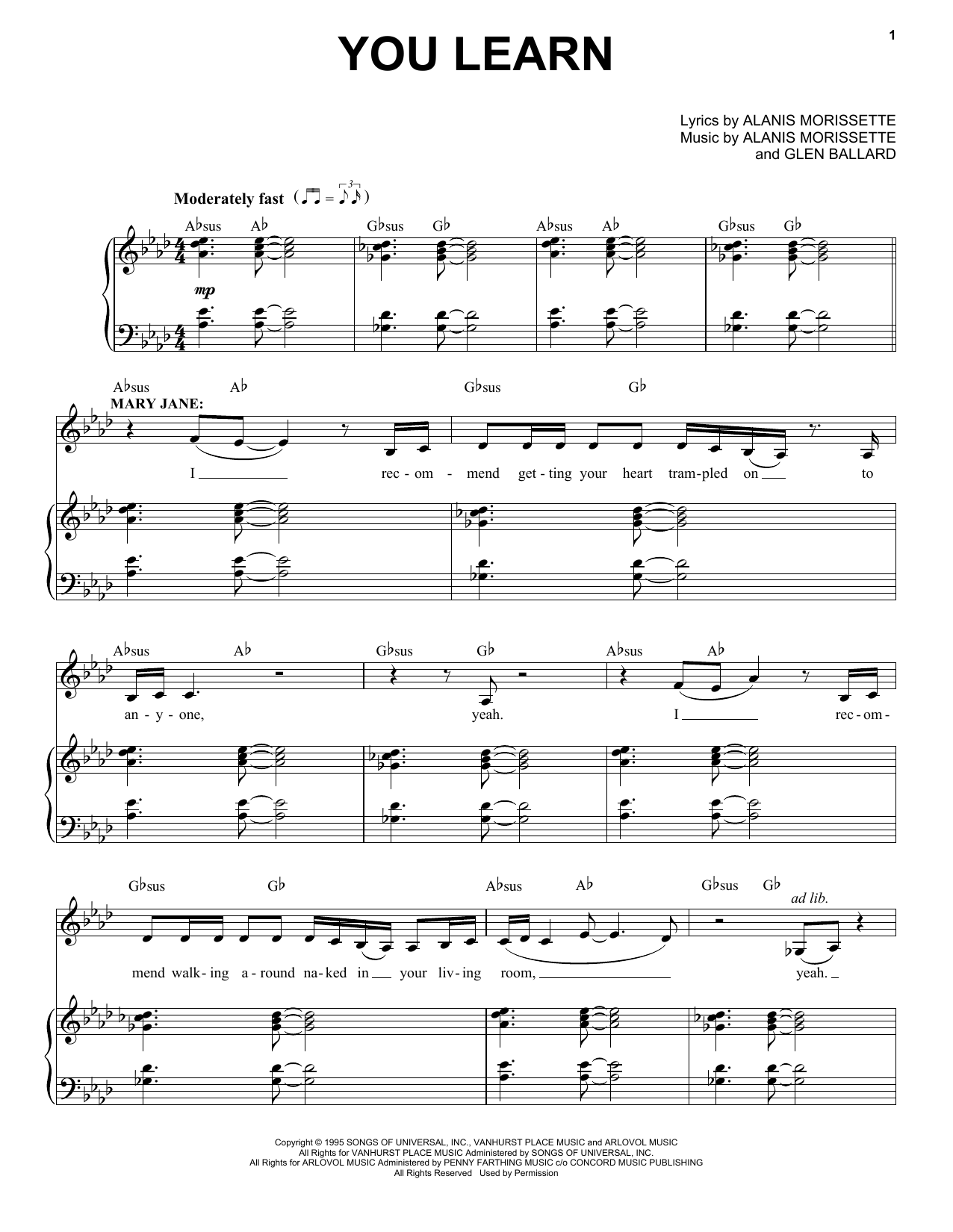 Download Alanis Morissette You Learn (from Jagged Little Pill The Musical) Sheet Music and learn how to play Piano & Vocal PDF digital score in minutes