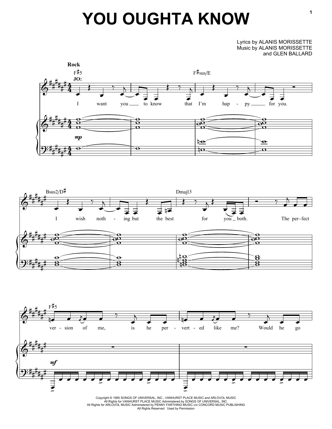 Download Alanis Morissette You Oughta Know (from Jagged Little Pill The Musical) Sheet Music and learn how to play Piano & Vocal PDF digital score in minutes