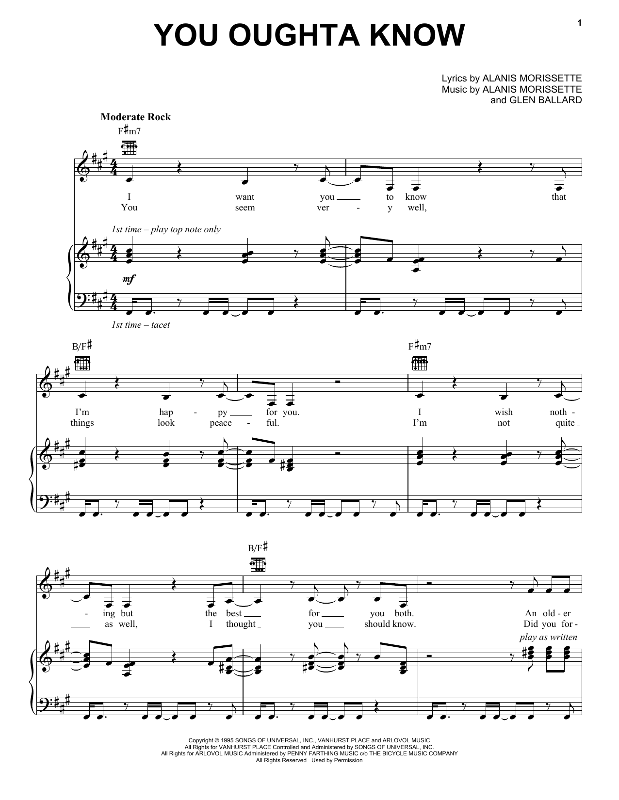 Download Alanis Morissette You Oughta Know Sheet Music and learn how to play Lyrics & Chords PDF digital score in minutes