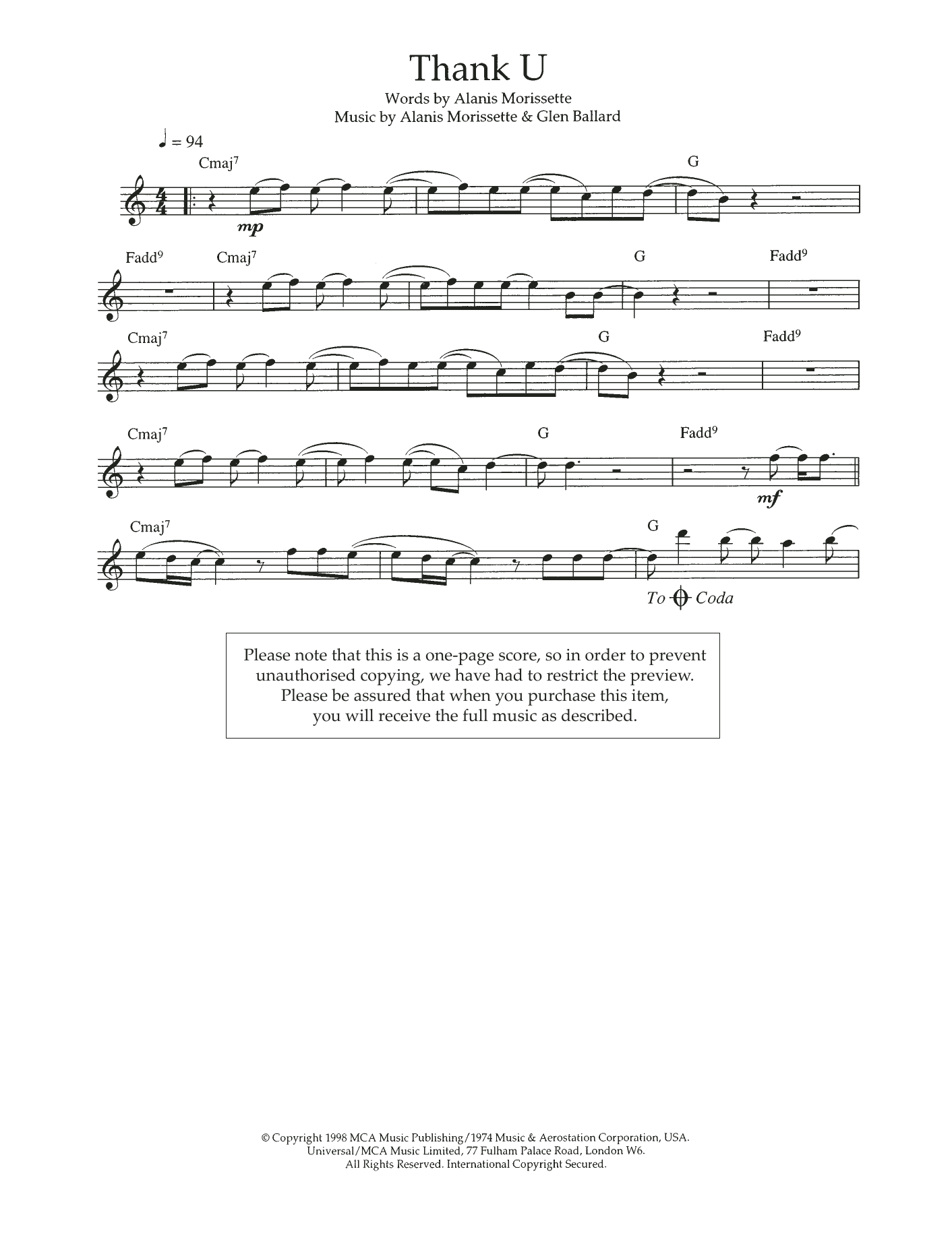Download Alanis Morrisette Thank U Sheet Music and learn how to play Flute PDF digital score in minutes