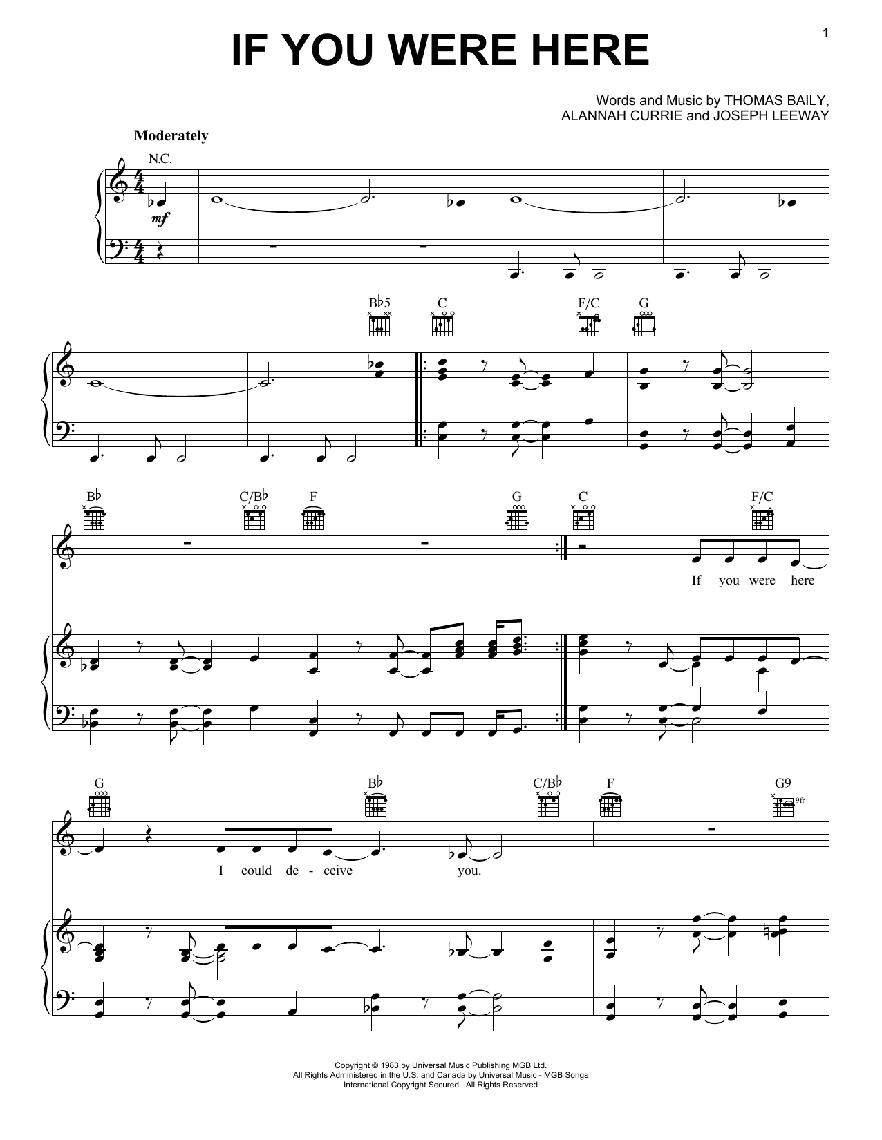 Download Thompson Twins If You Were Here Sheet Music and learn how to play Piano, Vocal & Guitar (Right-Hand Melody) PDF digital score in minutes