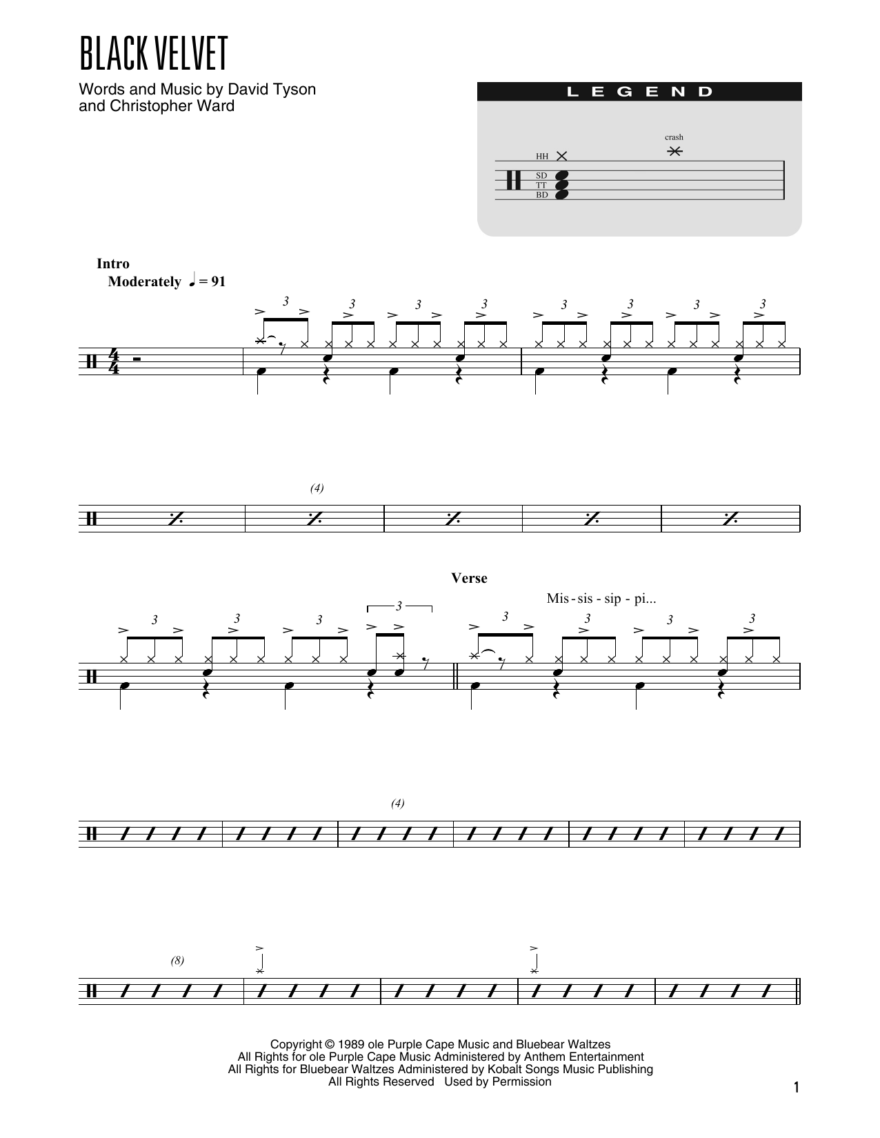 Download Alannah Myles Black Velvet (arr. Kennan Wylie) Sheet Music and learn how to play Drum Chart PDF digital score in minutes