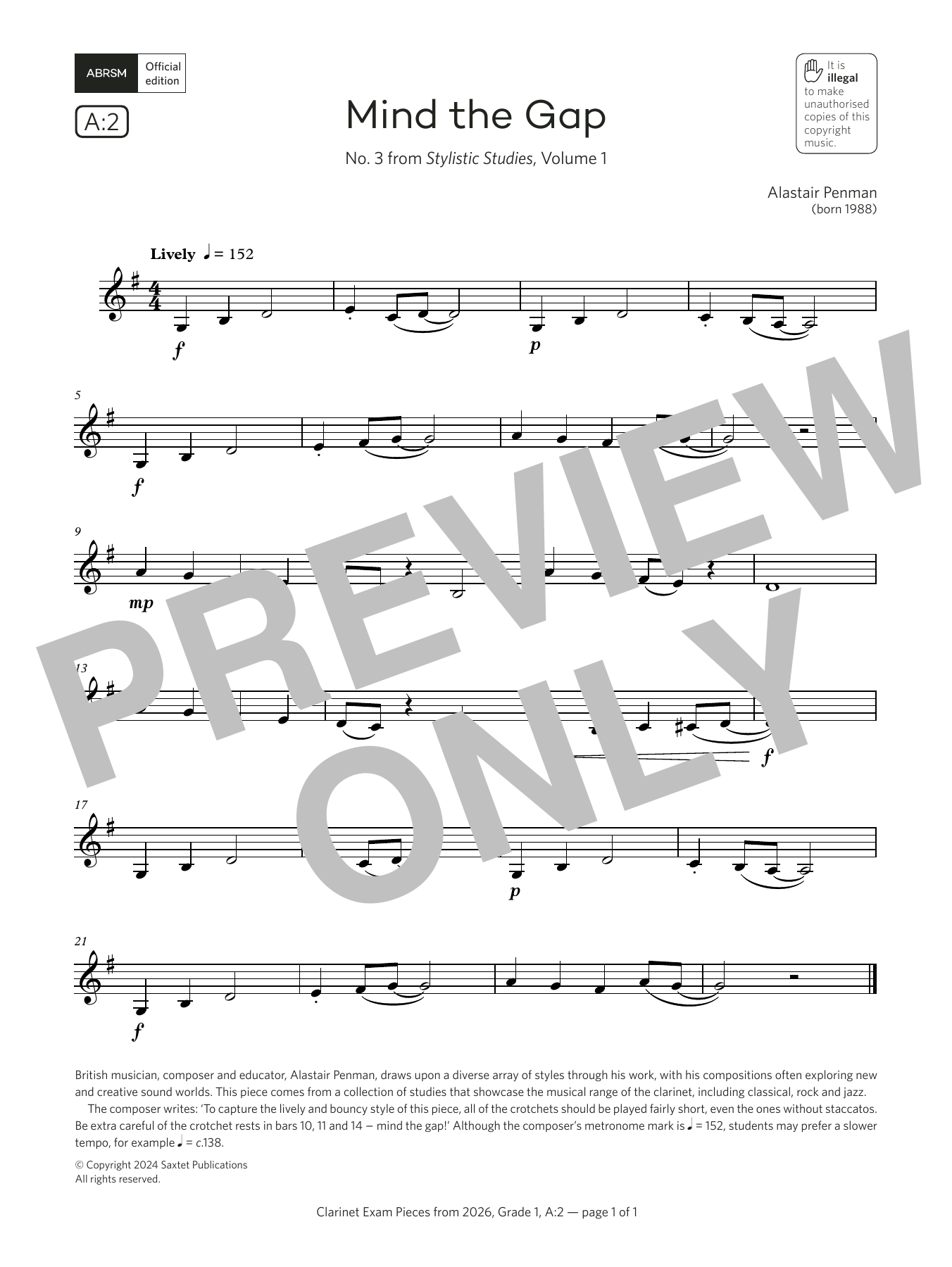 Download Alastair Penman Mind the Gap (Grade 1, list A2, from the ABRSM Clarinet Syllabus from 2026) Sheet Music and learn how to play Clarinet Solo PDF digital score in minutes