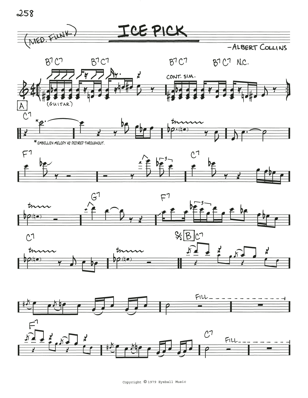 Download Albert Collins Ice Pick Sheet Music and learn how to play Real Book – Melody, Lyrics & Chords PDF digital score in minutes