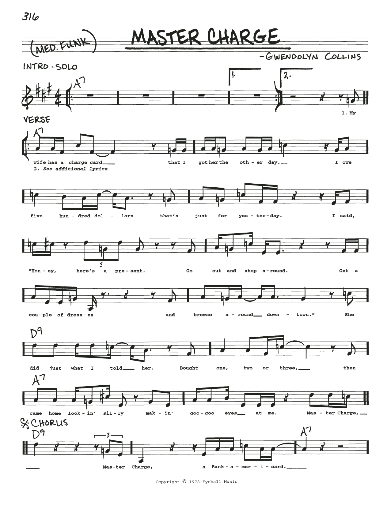 Download Albert Collins Master Charge Sheet Music and learn how to play Real Book – Melody, Lyrics & Chords PDF digital score in minutes