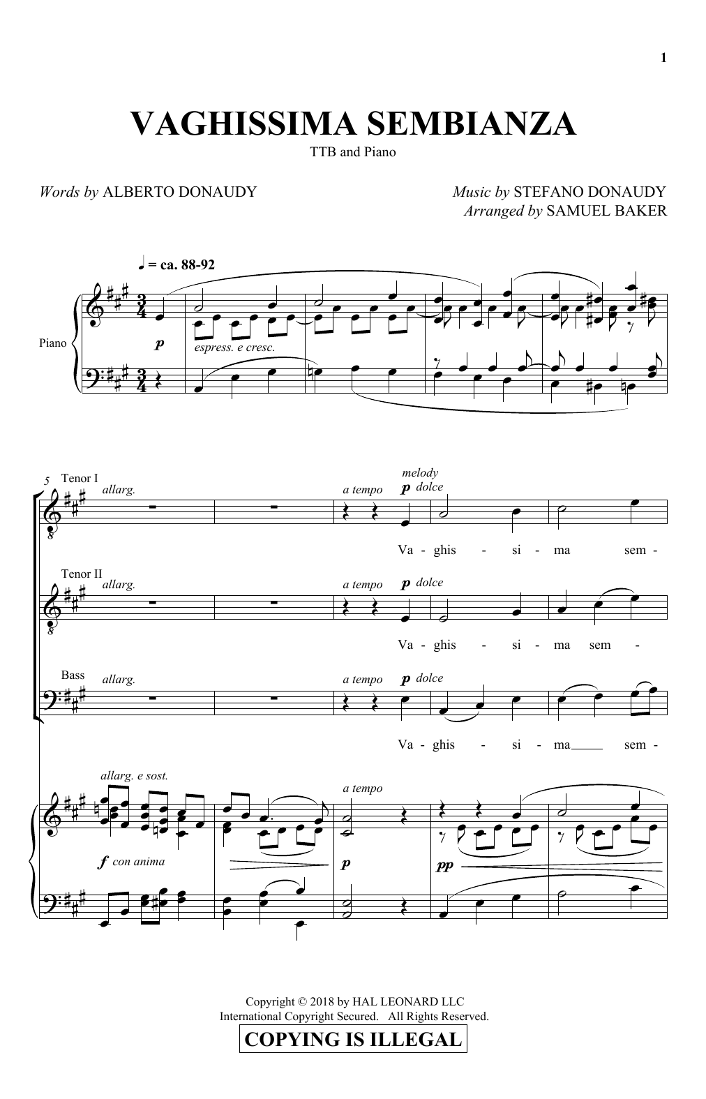 Download Albert Donaudy & Stefano Donaudy Vaghissima Sembianza (arr. Samuel Baker) Sheet Music and learn how to play TTBB Choir PDF digital score in minutes