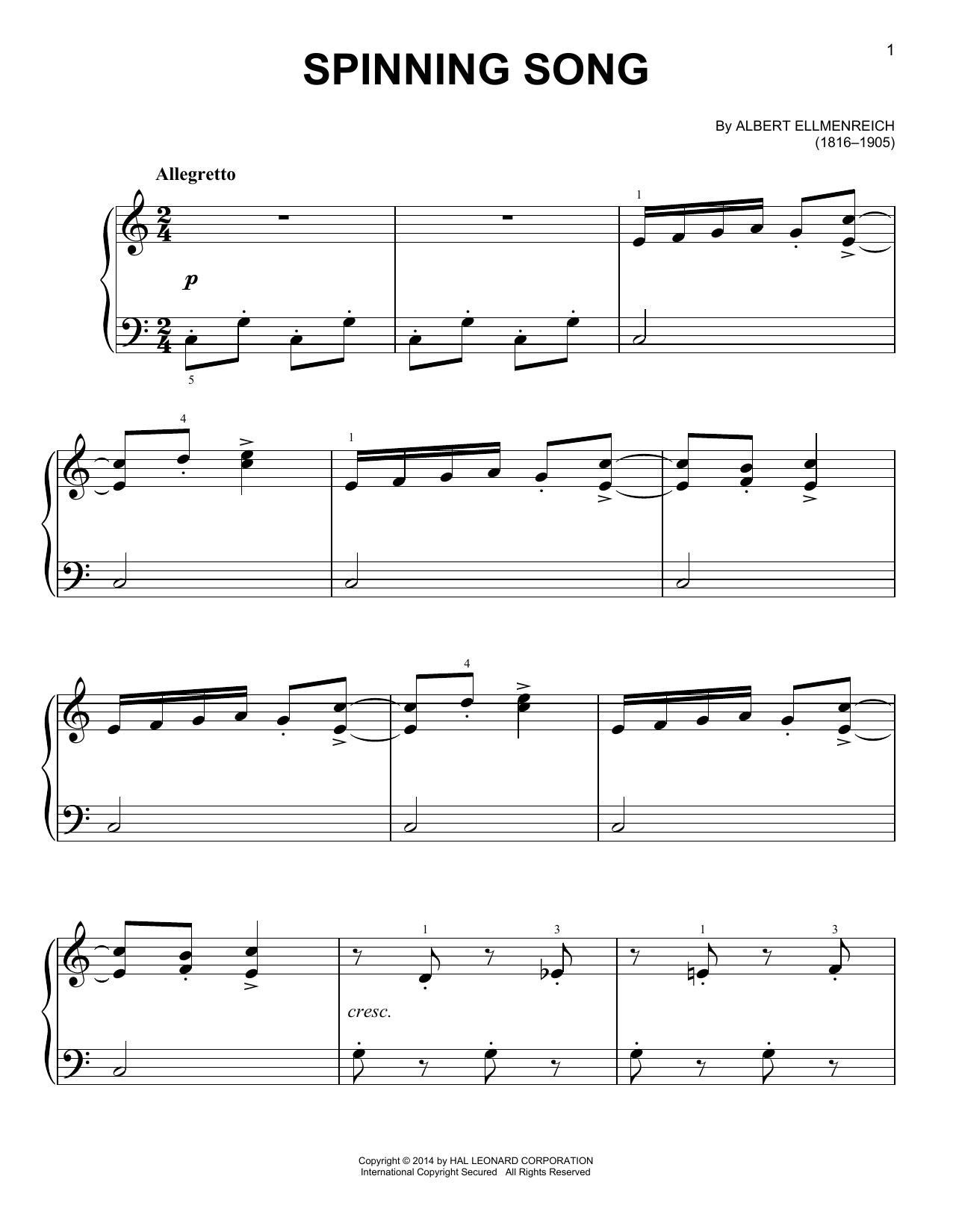 Download Albert Ellmenreich Spinning Song Sheet Music and learn how to play Easy Piano PDF digital score in minutes