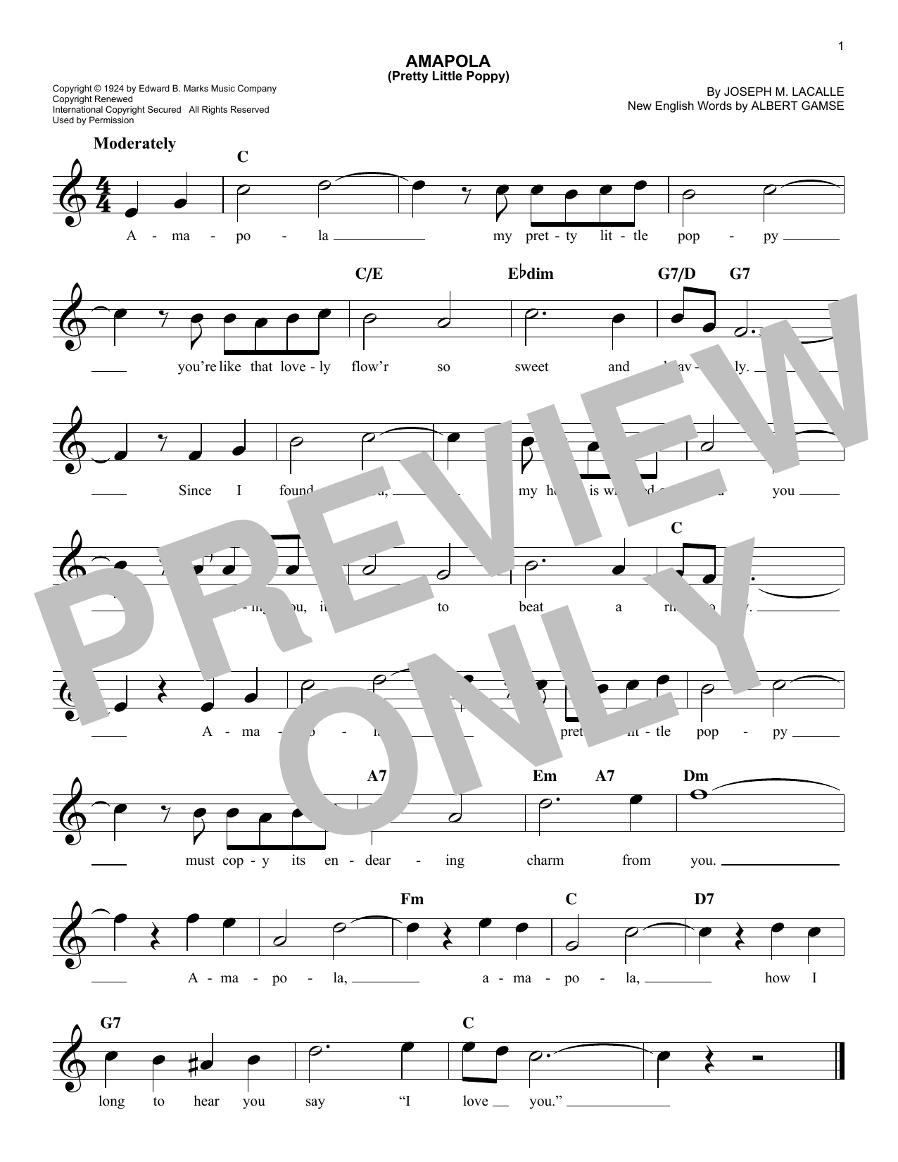 Download Albert Gamse Amapola (Pretty Little Poppy) Sheet Music and learn how to play Melody Line, Lyrics & Chords PDF digital score in minutes